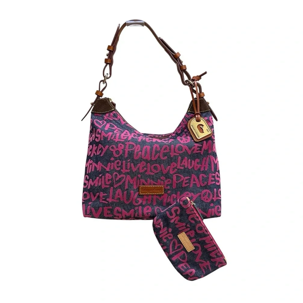Dooney & Bourke Disney Parks Denim Pink Graffiti Hobo Shoulder Bag & Zip Pouch